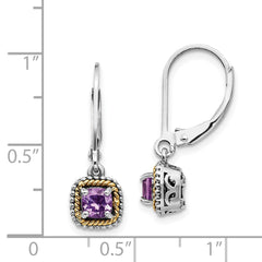 QTC735 Shey Couture Sterling Silver with 14K Accent Antiqued Cushion Amethyst Leverback Dangle Earrings