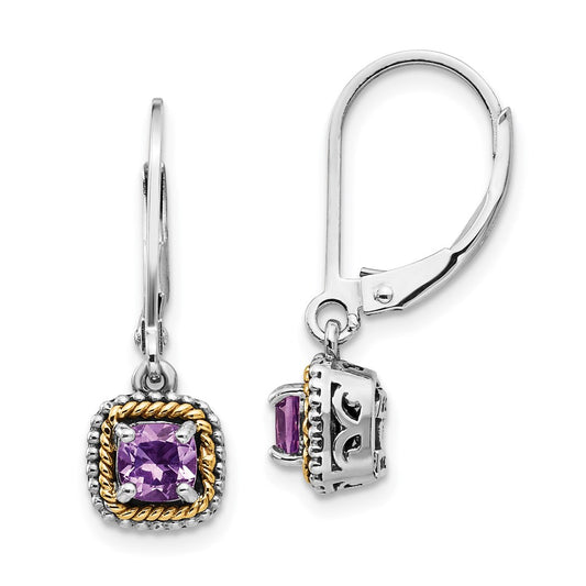 QTC735 Shey Couture Sterling Silver with 14K Accent Antiqued Cushion Amethyst Leverback Dangle Earrings