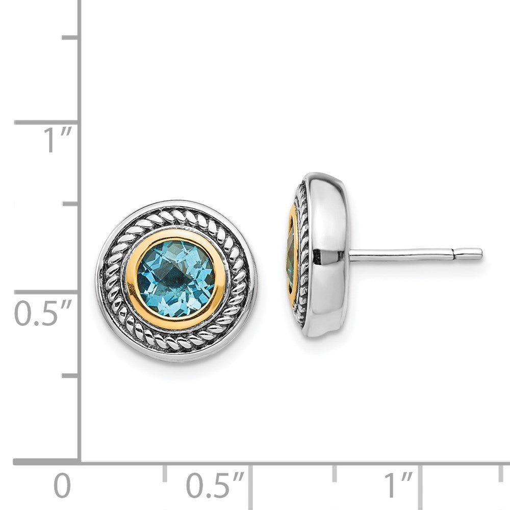 QTC749 Shey Couture Sterling Silver with 14K Accent Antiqued Round Blue Topaz Post Earrings