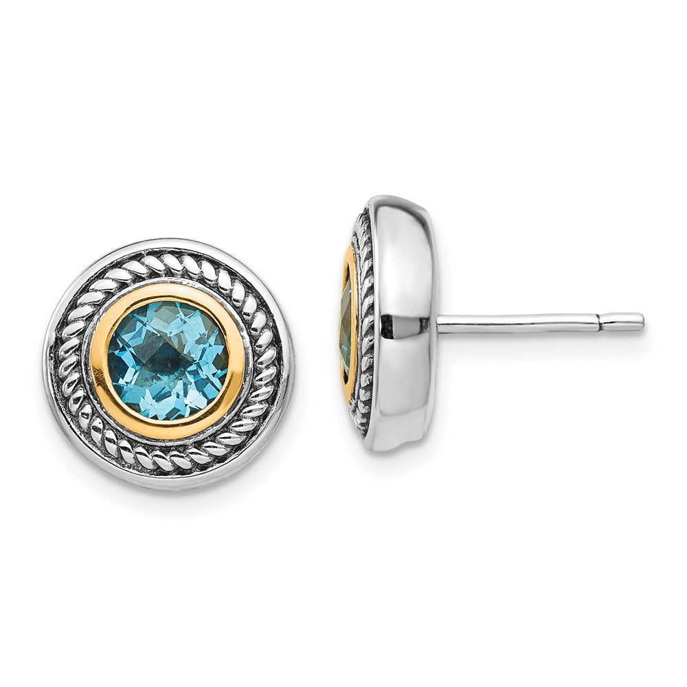 QTC749 Shey Couture Sterling Silver with 14K Accent Antiqued Round Blue Topaz Post Earrings