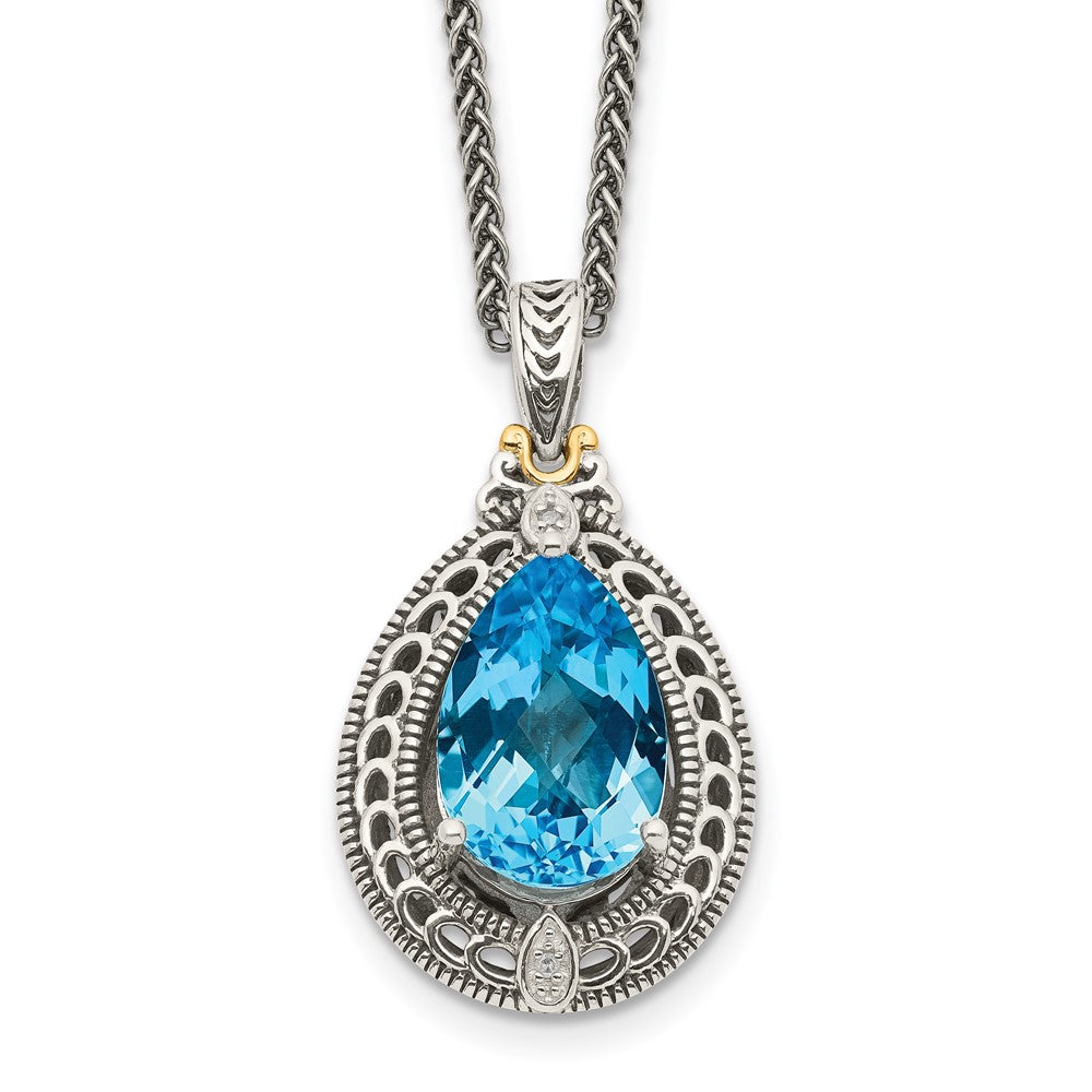 Shey Couture Sterling Silver with 14K Accent 18 Inch Antiqued Diamond and Pear Shaped Blue Topaz Necklace QTC756