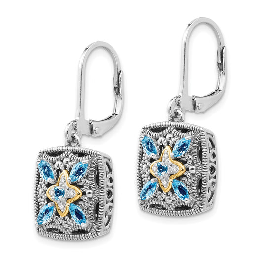QTC772 Shey Couture Sterling Silver with 14K Accent Antiqued Diamond and Marquise Blue Topaz Leverback Earrings