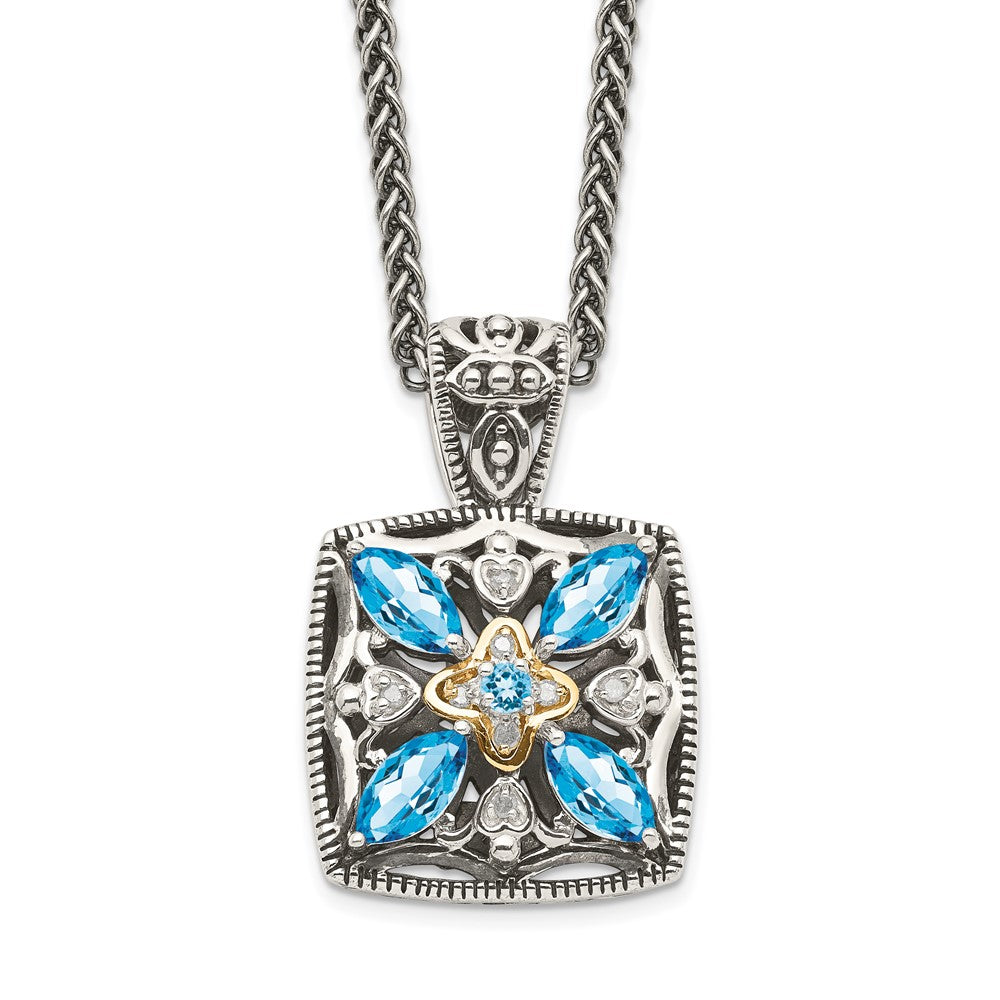 Shey Couture Sterling Silver with 14K Accent 18 Inch Antiqued Diamond and Marquise Blue Topaz Necklace QTC773