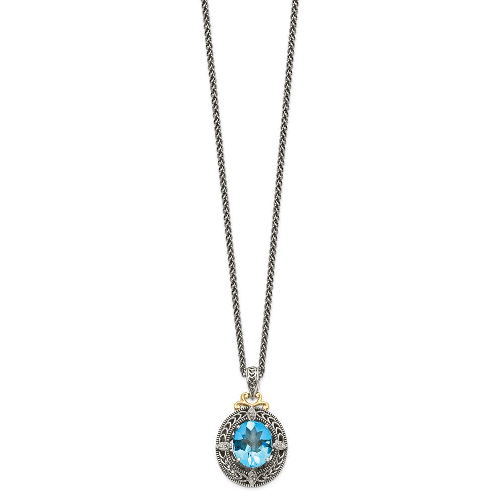 Shey Couture Sterling Silver with 14K Accent 18 Inch Antiqued Diamond and Oval Blue Topaz Necklace QTC776