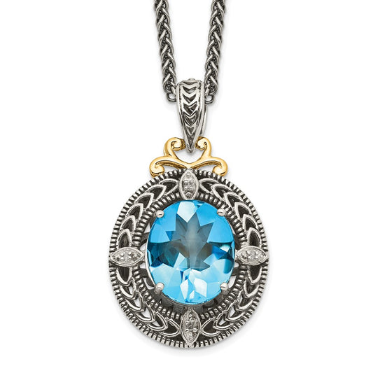 Shey Couture Sterling Silver with 14K Accent 18 Inch Antiqued Diamond and Oval Blue Topaz Necklace QTC776