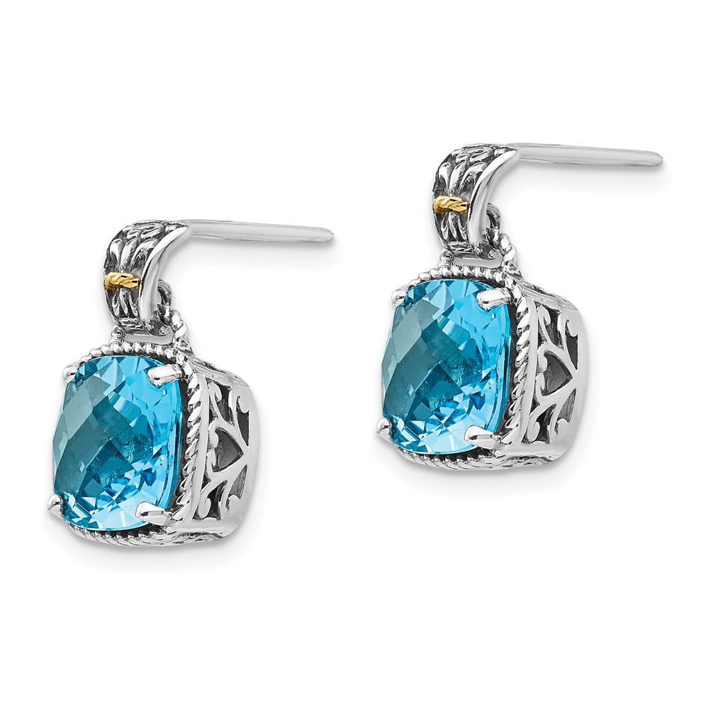 QTC783 Shey Couture Sterling Silver with 14K Accent Antiqued Cushion Blue Topaz Post Dangle Earrings