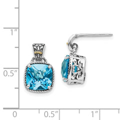 QTC783 Shey Couture Sterling Silver with 14K Accent Antiqued Cushion Blue Topaz Post Dangle Earrings