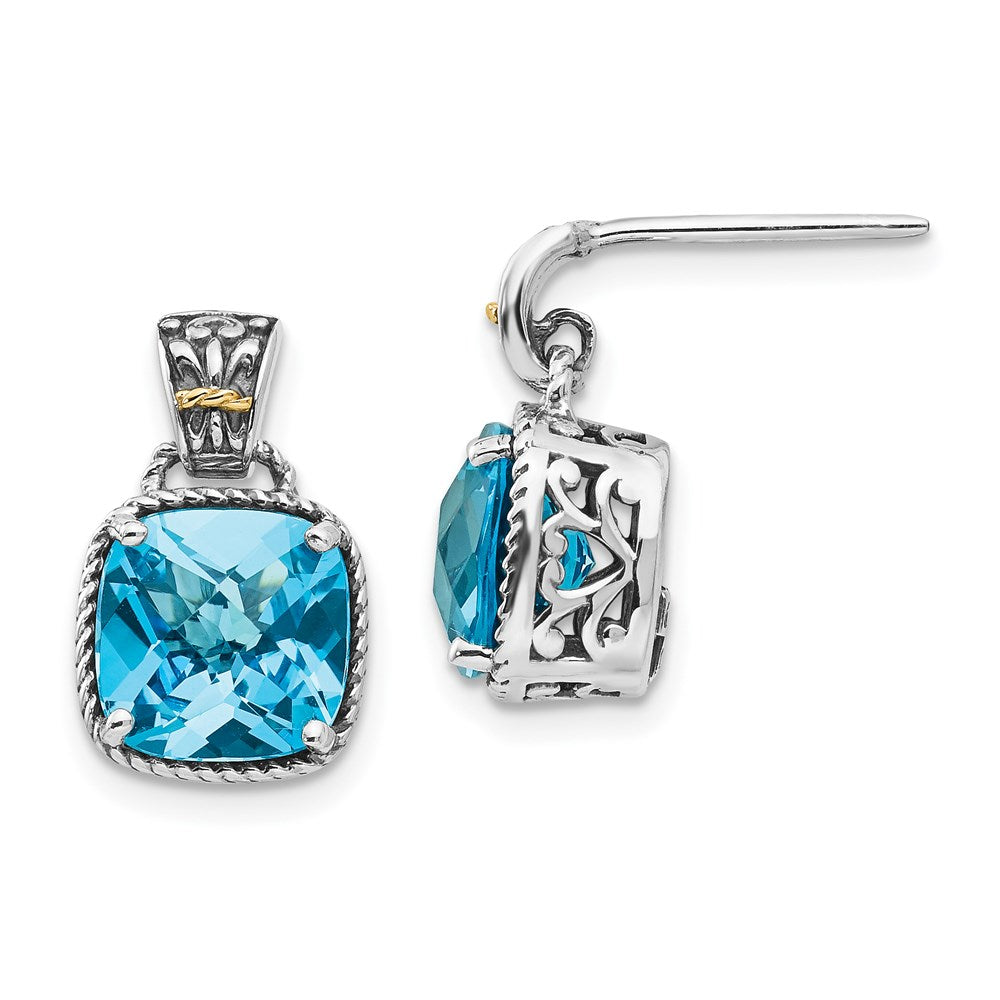 QTC783 Shey Couture Sterling Silver with 14K Accent Antiqued Cushion Blue Topaz Post Dangle Earrings