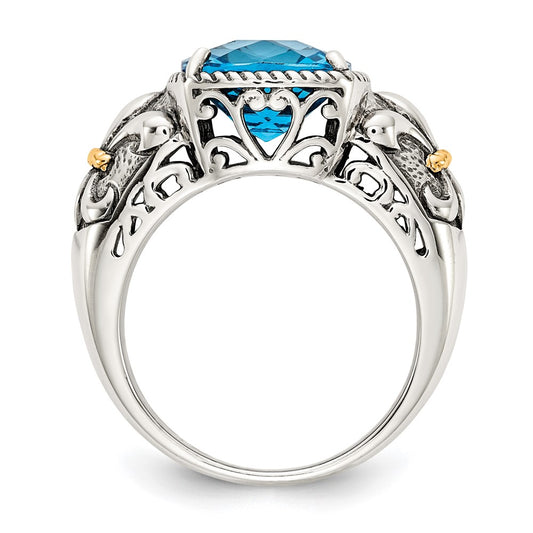 Shey Couture Sterling Silver with 14K Accent Antiqued Cushion Checkerboard Blue Topaz Ring