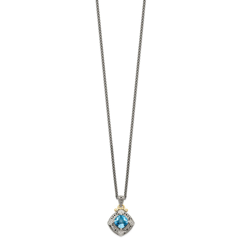 Shey Couture Sterling Silver with 14K Accent 18 Inch Antiqued Diamond and Cushion Blue Topaz Necklace QTC791