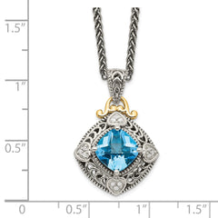 Shey Couture Sterling Silver with 14K Accent 18 Inch Antiqued Diamond and Cushion Blue Topaz Necklace QTC791