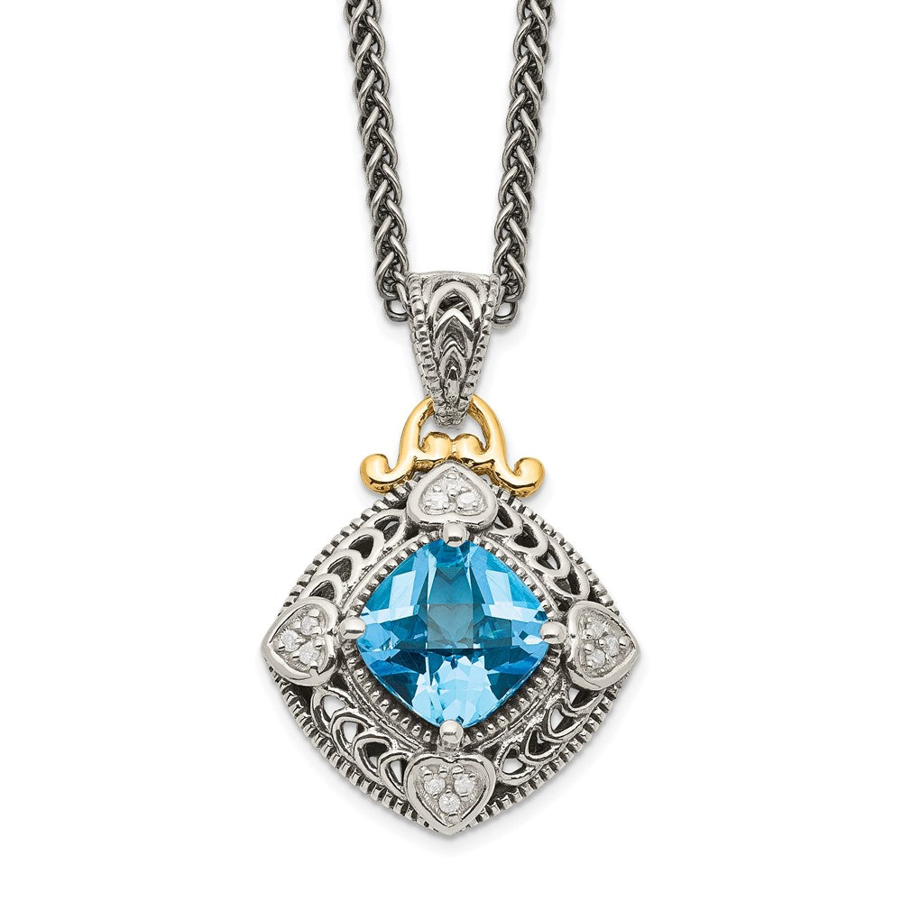 Shey Couture Sterling Silver with 14K Accent 18 Inch Antiqued Diamond and Cushion Blue Topaz Necklace QTC791