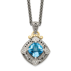 Shey Couture Sterling Silver with 14K Accent 18 Inch Antiqued Diamond and Cushion Blue Topaz Necklace QTC791