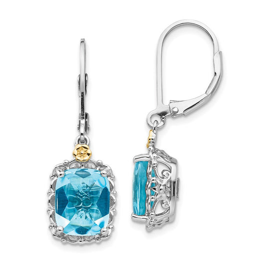 QTC793 Shey Couture Sterling Silver Rhodium-plated with 14K Accent Recangular Blue Topaz Leverback Dangle Earrings