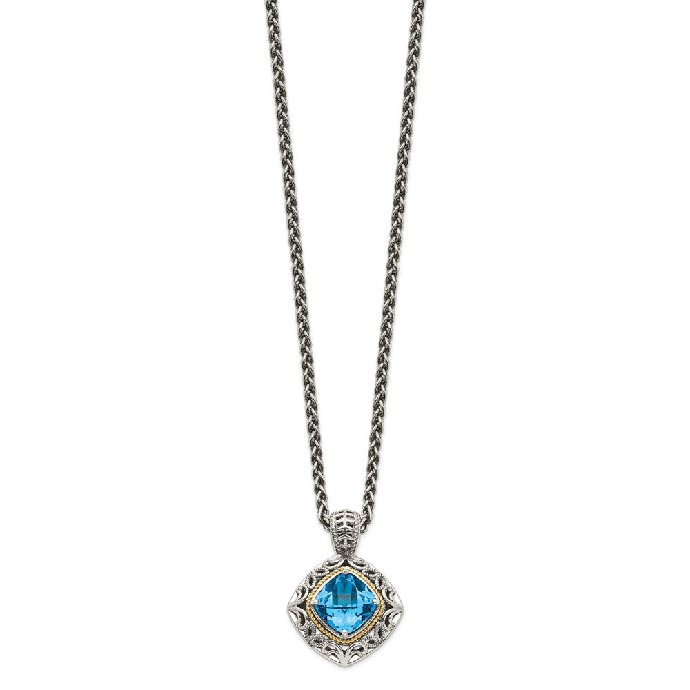 Shey Couture Sterling Silver with 14K Accent 18 Inch Antiqued Cushion Blue Topaz Necklace QTC794