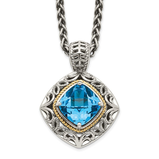 Shey Couture Sterling Silver with 14K Accent 18 Inch Antiqued Cushion Blue Topaz Necklace QTC794