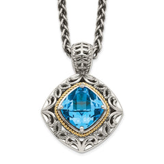 Shey Couture Sterling Silver with 14K Accent 18 Inch Antiqued Cushion Blue Topaz Necklace QTC794
