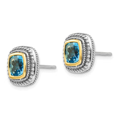 QTC798 Shey Couture Sterling Silver with 14K Accent Antiqued Cushion Bezel Blue Topaz Post Earrings