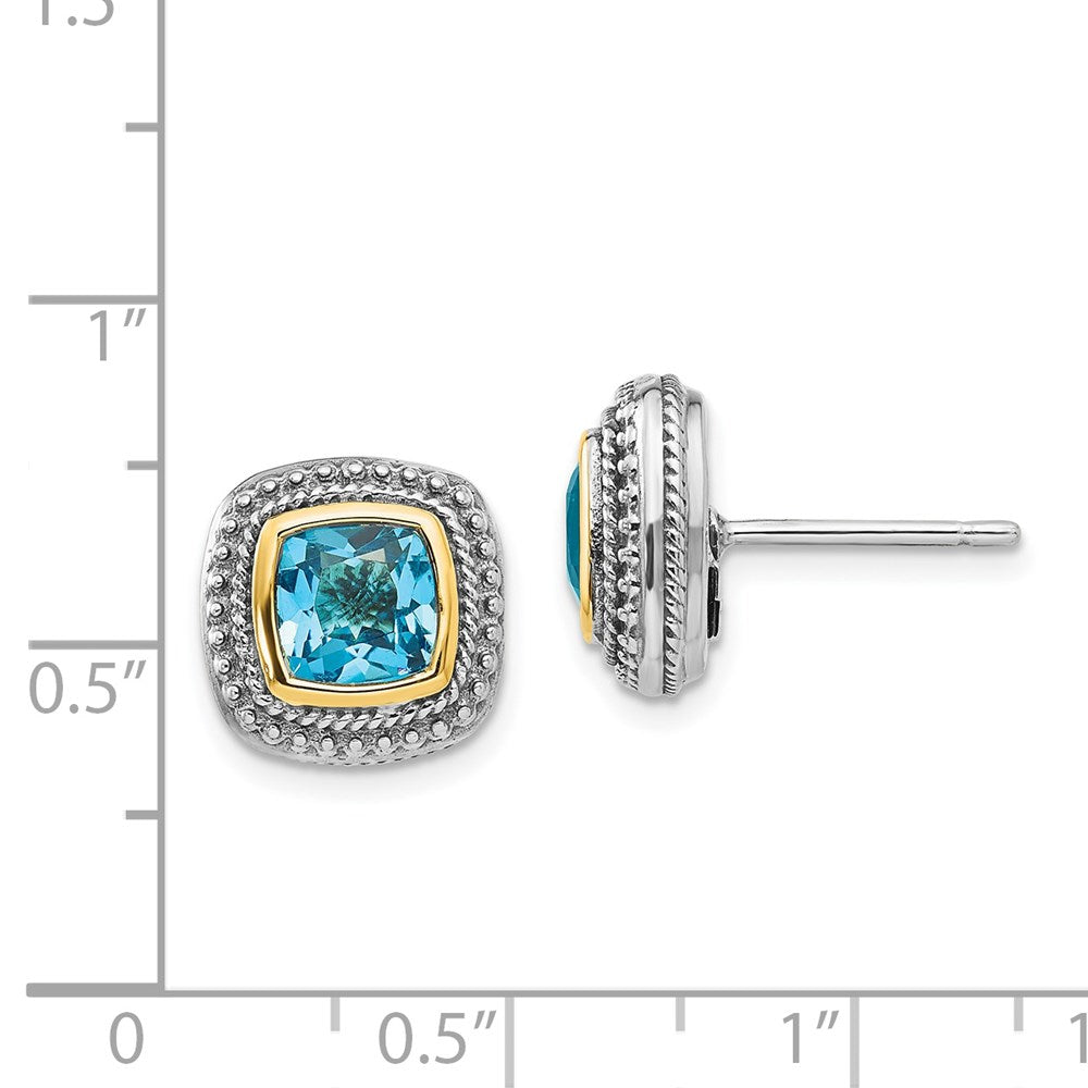 QTC798 Shey Couture Sterling Silver with 14K Accent Antiqued Cushion Bezel Blue Topaz Post Earrings