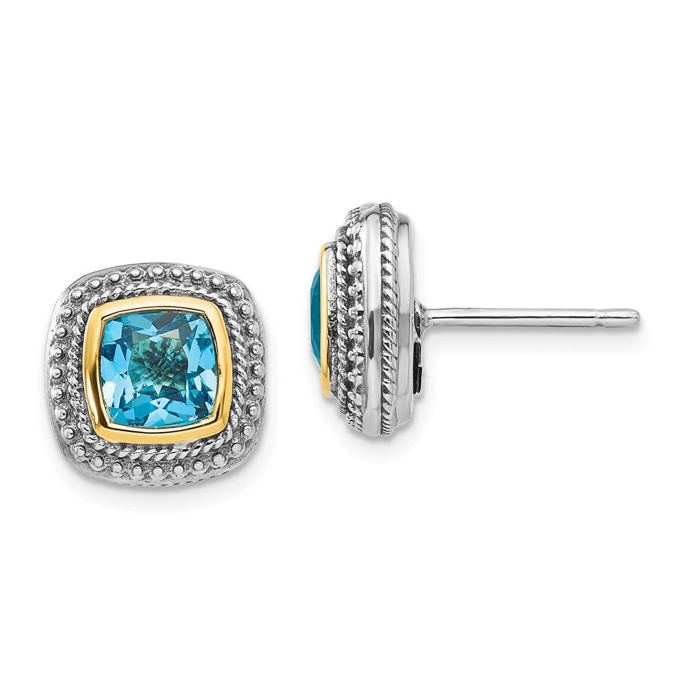 QTC798 Shey Couture Sterling Silver with 14K Accent Antiqued Cushion Bezel Blue Topaz Post Earrings