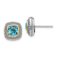 QTC798 Shey Couture Sterling Silver with 14K Accent Antiqued Cushion Bezel Blue Topaz Post Earrings