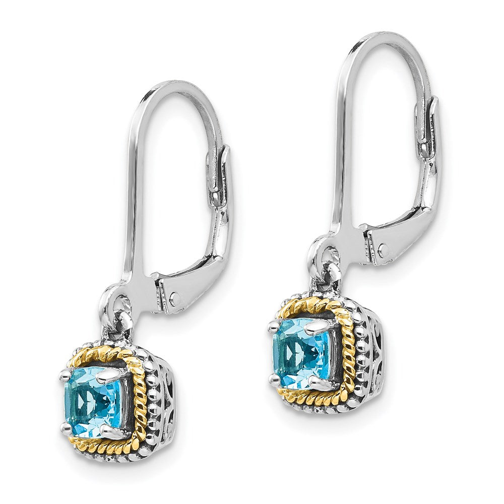 QTC800 Shey Couture Sterling Silver with 14K Accent Antiqued Cushion Blue Topaz Leverback Dangle Earrings