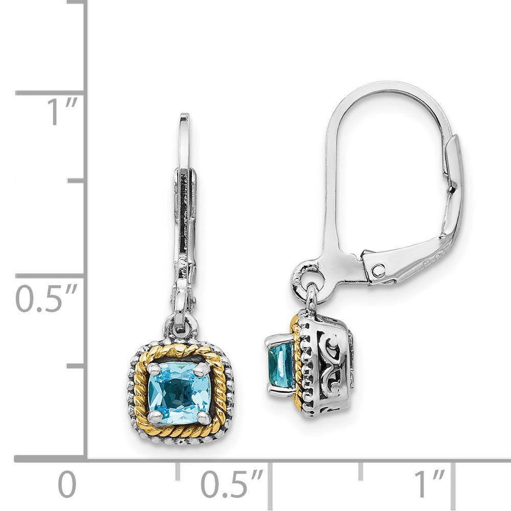 QTC800 Shey Couture Sterling Silver with 14K Accent Antiqued Cushion Blue Topaz Leverback Dangle Earrings