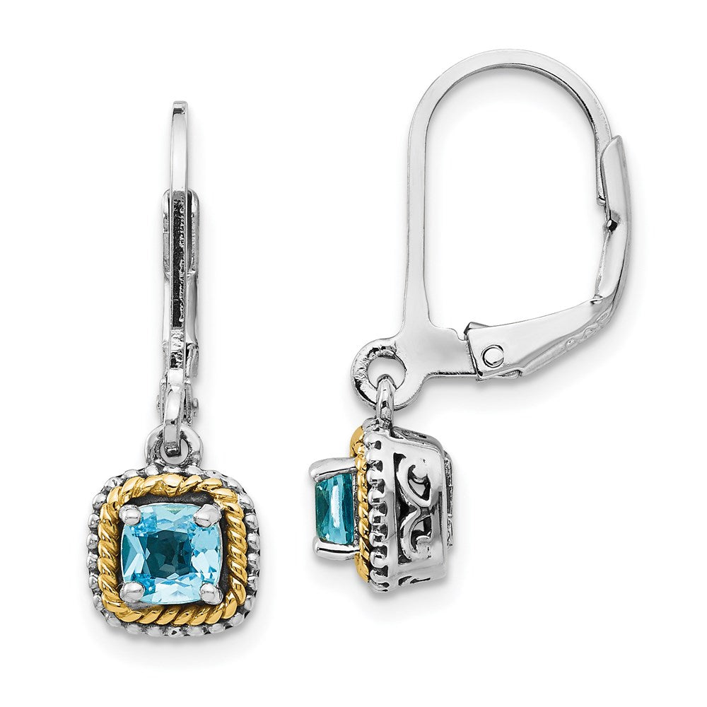 QTC800 Shey Couture Sterling Silver with 14K Accent Antiqued Cushion Blue Topaz Leverback Dangle Earrings
