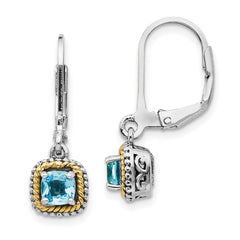 QTC800 Shey Couture Sterling Silver with 14K Accent Antiqued Cushion Blue Topaz Leverback Dangle Earrings