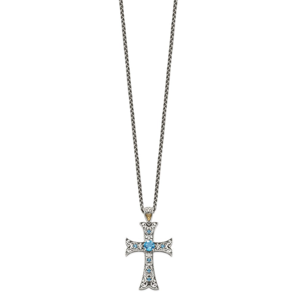 Shey Couture Sterling Silver Rhodium-plated with 14K Accent 18 Inch Antiqued Round Blue Topaz Cross Necklace QTC805