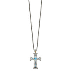 Shey Couture Sterling Silver Rhodium-plated with 14K Accent 18 Inch Antiqued Round Blue Topaz Cross Necklace QTC805