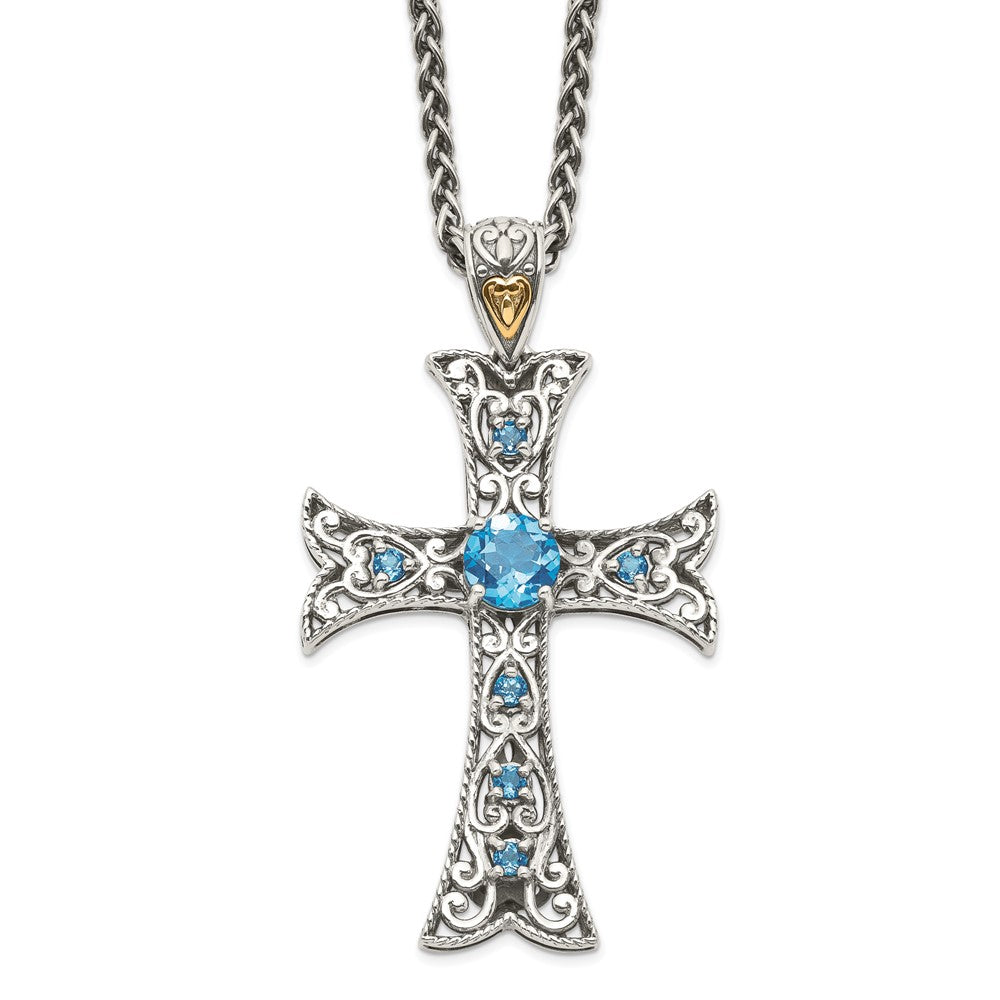 Shey Couture Sterling Silver Rhodium-plated with 14K Accent 18 Inch Antiqued Round Blue Topaz Cross Necklace QTC805