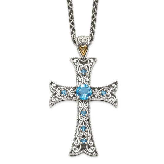 Shey Couture Sterling Silver Rhodium-plated with 14K Accent 18 Inch Antiqued Round Blue Topaz Cross Necklace QTC805