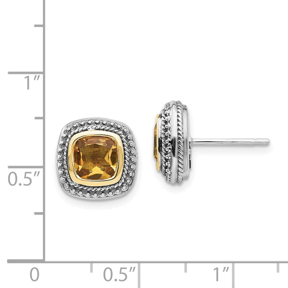 QTC838 Shey Couture Sterling Silver with 14K Accent Antiqued Cushion Bezel Citrine Post Earrings