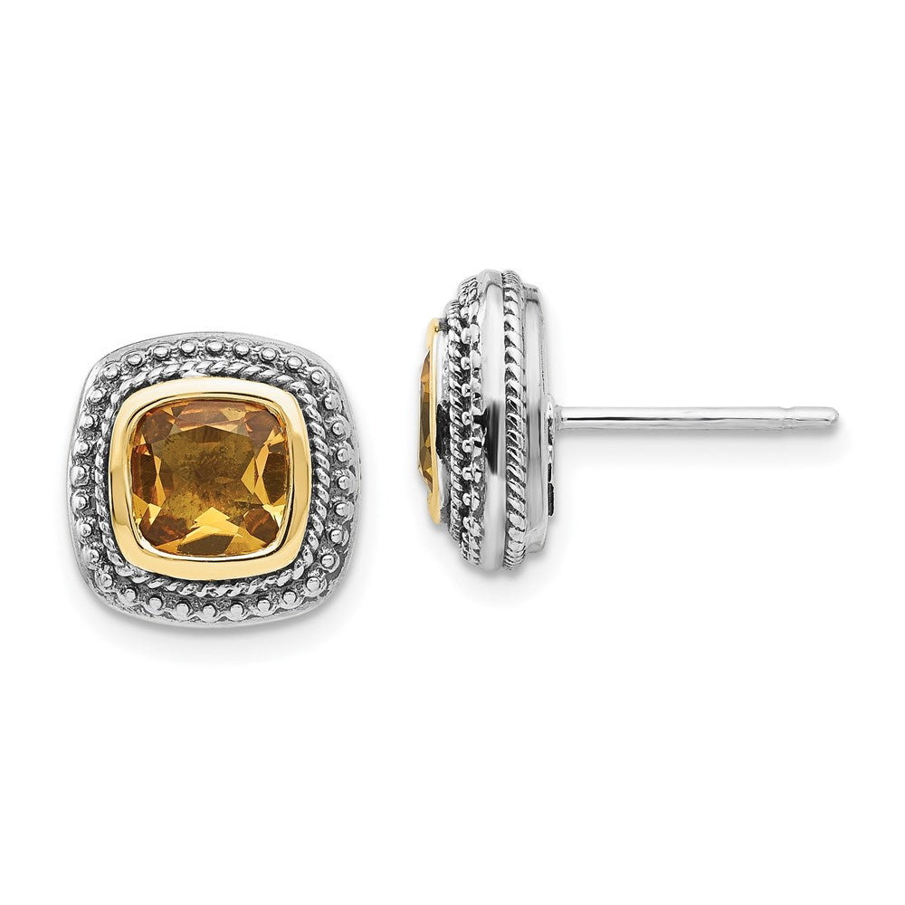 QTC838 Shey Couture Sterling Silver with 14K Accent Antiqued Cushion Bezel Citrine Post Earrings