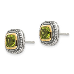 QTC862 Shey Couture Sterling Silver with 14K Accent Antiqued Cushion Bezel Peridot Post Earrings