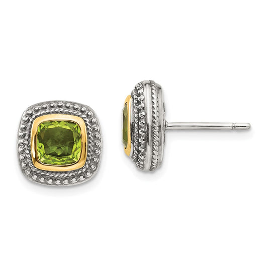 QTC862 Shey Couture Sterling Silver with 14K Accent Antiqued Cushion Bezel Peridot Post Earrings