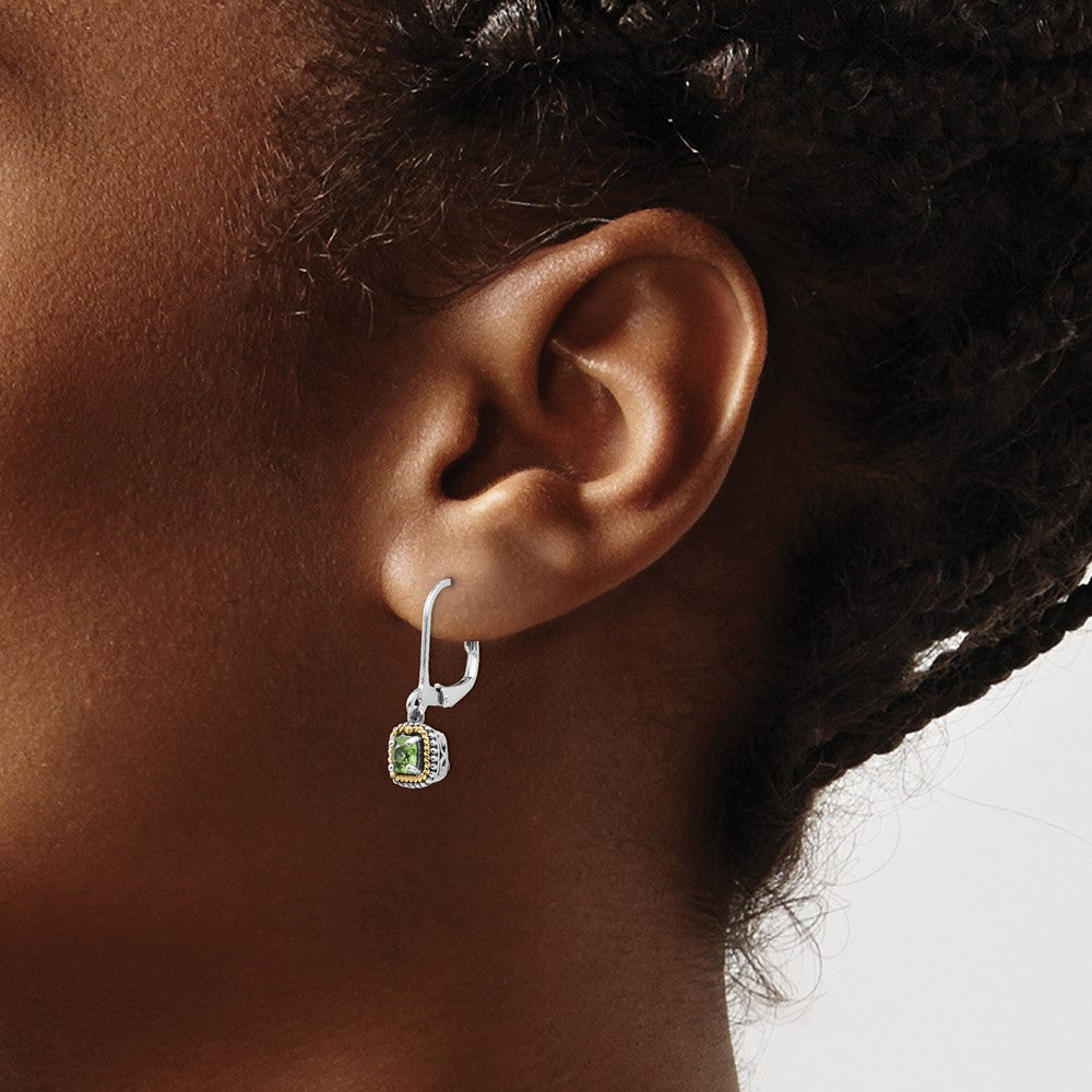 QTC867 Shey Couture Sterling Silver with 14K Accent Antiqued Cushion Peridot Leverback Earrings