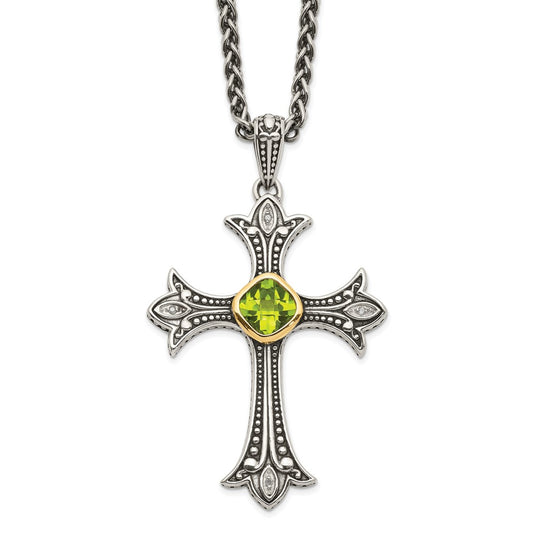Shey Couture Sterling Silver with 14K Accent 18 Inch Antiqued Diamond and Cushion Bezel Peridot Necklace QTC869