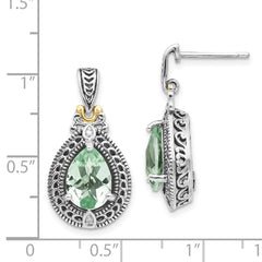QTC886 Shey Couture Sterling Silver with 14K Accent Antiqued Diamond and Pear Shaped Green Quartz Post Dangle Earrings
