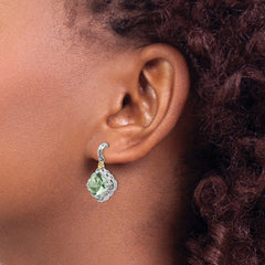 QTC902 Shey Couture Sterling Silver Rhodium-plated with 14K Accent Cushion Green Quartz Post Dangle Earrings
