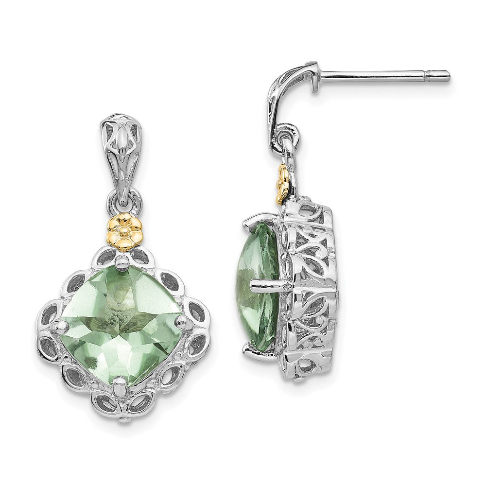 QTC902 Shey Couture Sterling Silver Rhodium-plated with 14K Accent Cushion Green Quartz Post Dangle Earrings