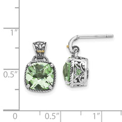QTC907 Shey Couture Sterling Silver with 14K Accent Antiqued Cushion Green Quartz Post Dangle Earrings