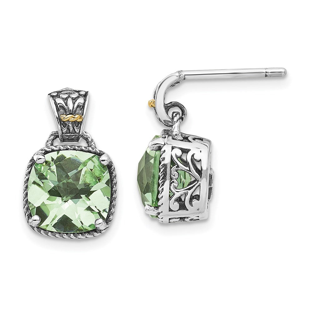 QTC907 Shey Couture Sterling Silver with 14K Accent Antiqued Cushion Green Quartz Post Dangle Earrings