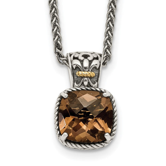Shey Couture Sterling Silver with 14K Accent 18 Inch Antiqued Cushion Checkerboard Smoky Quartz Necklace QTC918