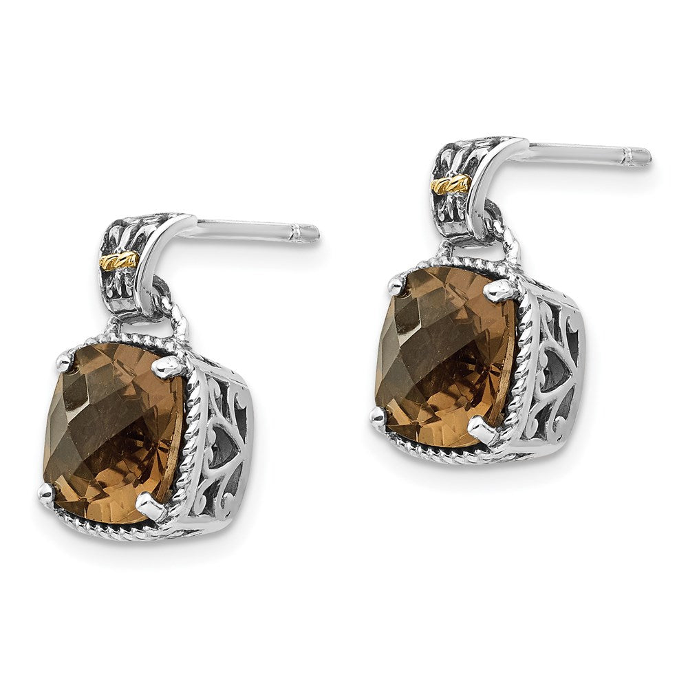 QTC919 Shey Couture Sterling Silver with 14K Accent Antiqued Cushion Smoky Quartz Dangle Post Earrings