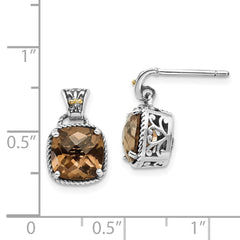 QTC919 Shey Couture Sterling Silver with 14K Accent Antiqued Cushion Smoky Quartz Dangle Post Earrings