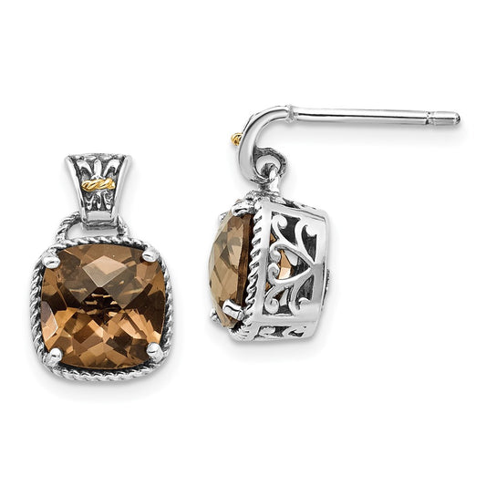 QTC919 Shey Couture Sterling Silver with 14K Accent Antiqued Cushion Smoky Quartz Dangle Post Earrings