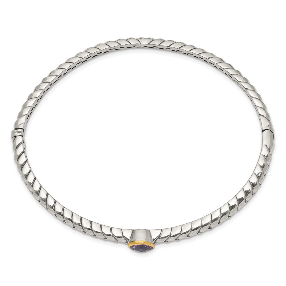 Shey Couture Sterling Silver Antiqued with 14K Accent Round Bezel Amethyst Hinged Bangle Bracelet QTC946