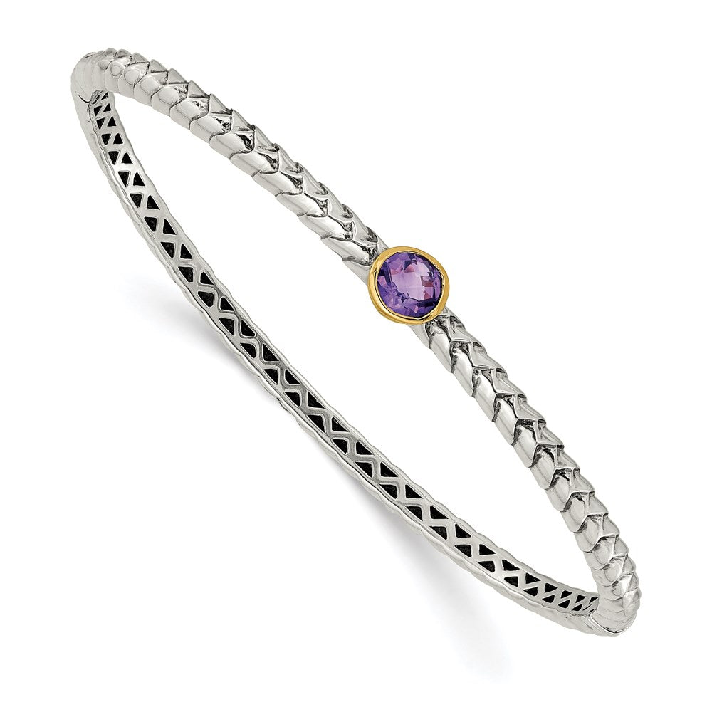Shey Couture Sterling Silver Antiqued with 14K Accent Round Bezel Amethyst Hinged Bangle Bracelet QTC946